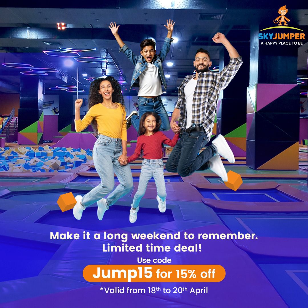 This long weekend, take your family bonding to new heights! Jump, laugh, and create unforgettable memories at SkyJumper! Use code Jump15 to get 15% OFF — offer valid from April 18th to 20th only!