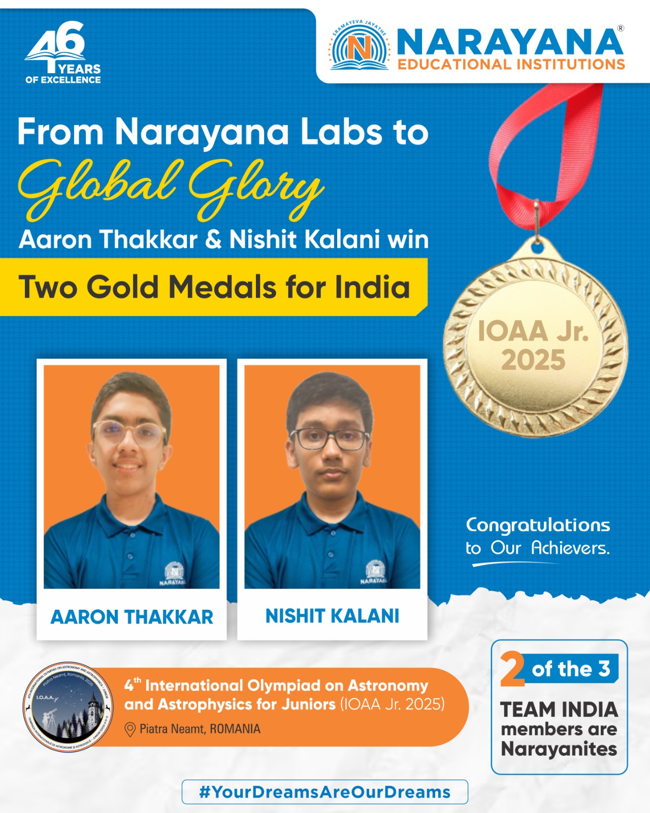 🚀✨ From Narayana Labs to Global Glory, Aaron and Nishit bring home gold for India at the 4th IOAA Junior 2025. 🇮🇳🌟