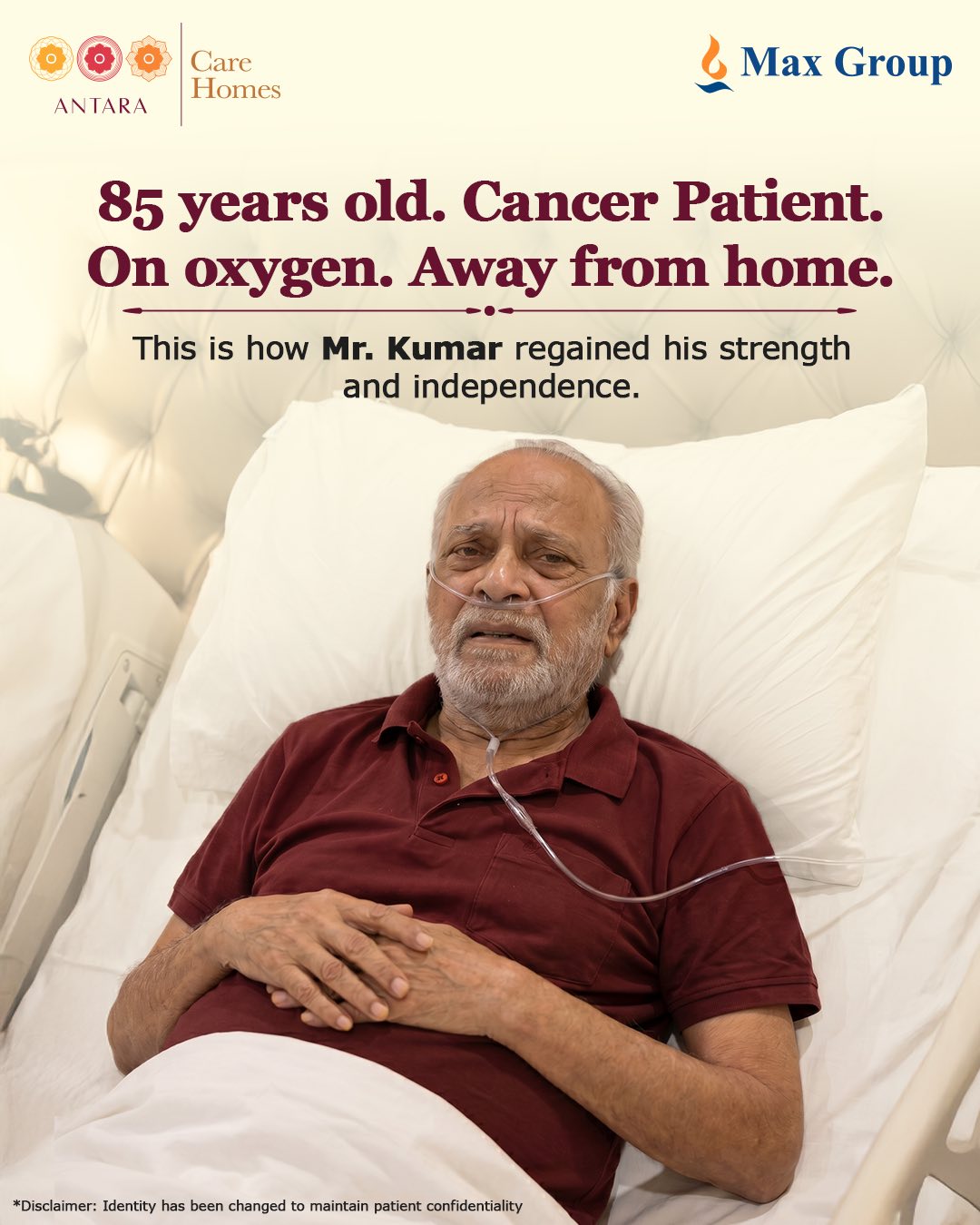 Mr. Kumar arrived at Antara Care Homes needing oxygen support, mobility assistance and continuous monitoring during his cancer treatment.
