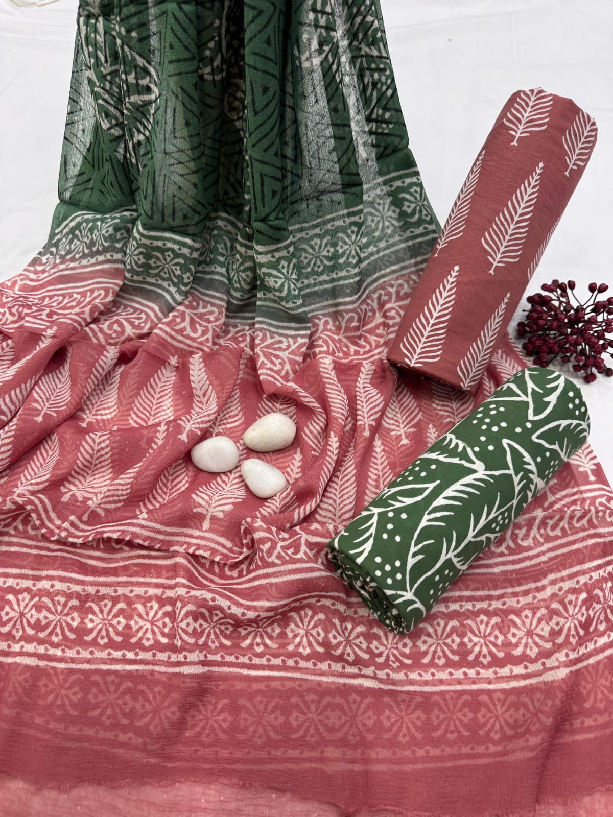 Hand Block Printed Cotton suits with chiffon dupatta