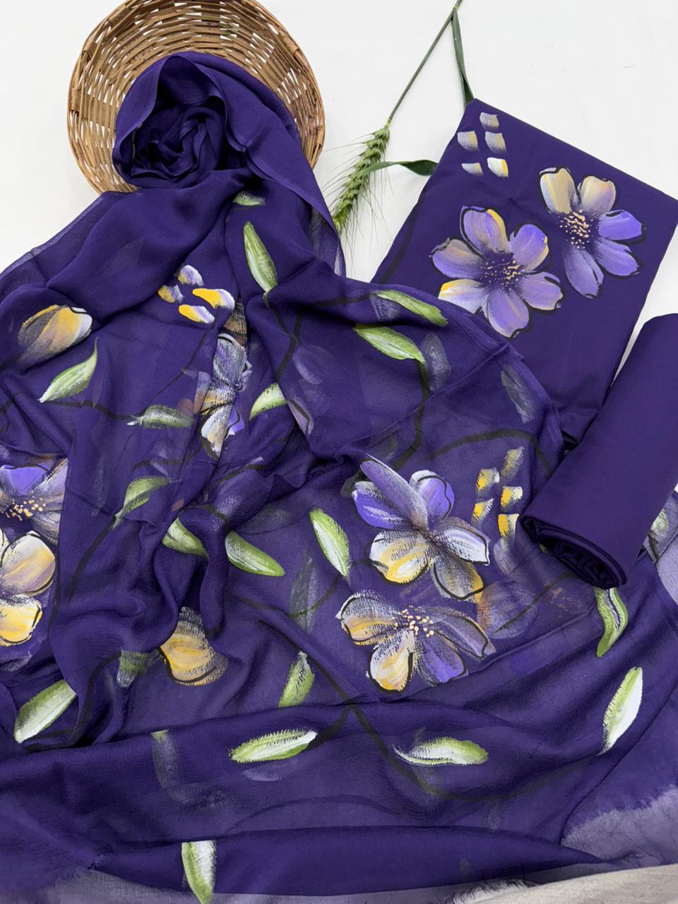 HAND PAINTED Cotton Suit set with chiffon Dupatta