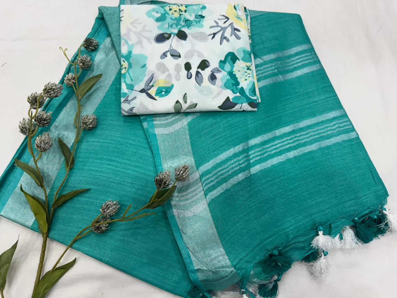 Handloom Cotton Linen Saree With Printed Cotton Blouse